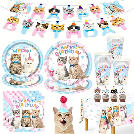 Cat Party Paper Plates Cups Napkins Party Supplies Cat Face Happy Birthday Banner Tablecloth for Cat Themed Birthday Party Decor