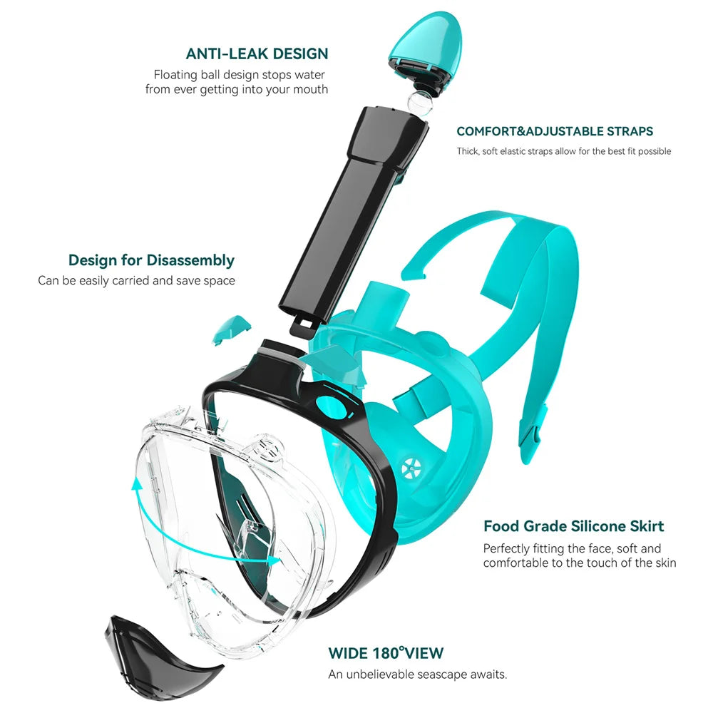 Full Face Snorkel Mask Silicone Diving Mask Full Dry Panoramic With Camera Holder Large Frame Swimming Goggles Set For Adults