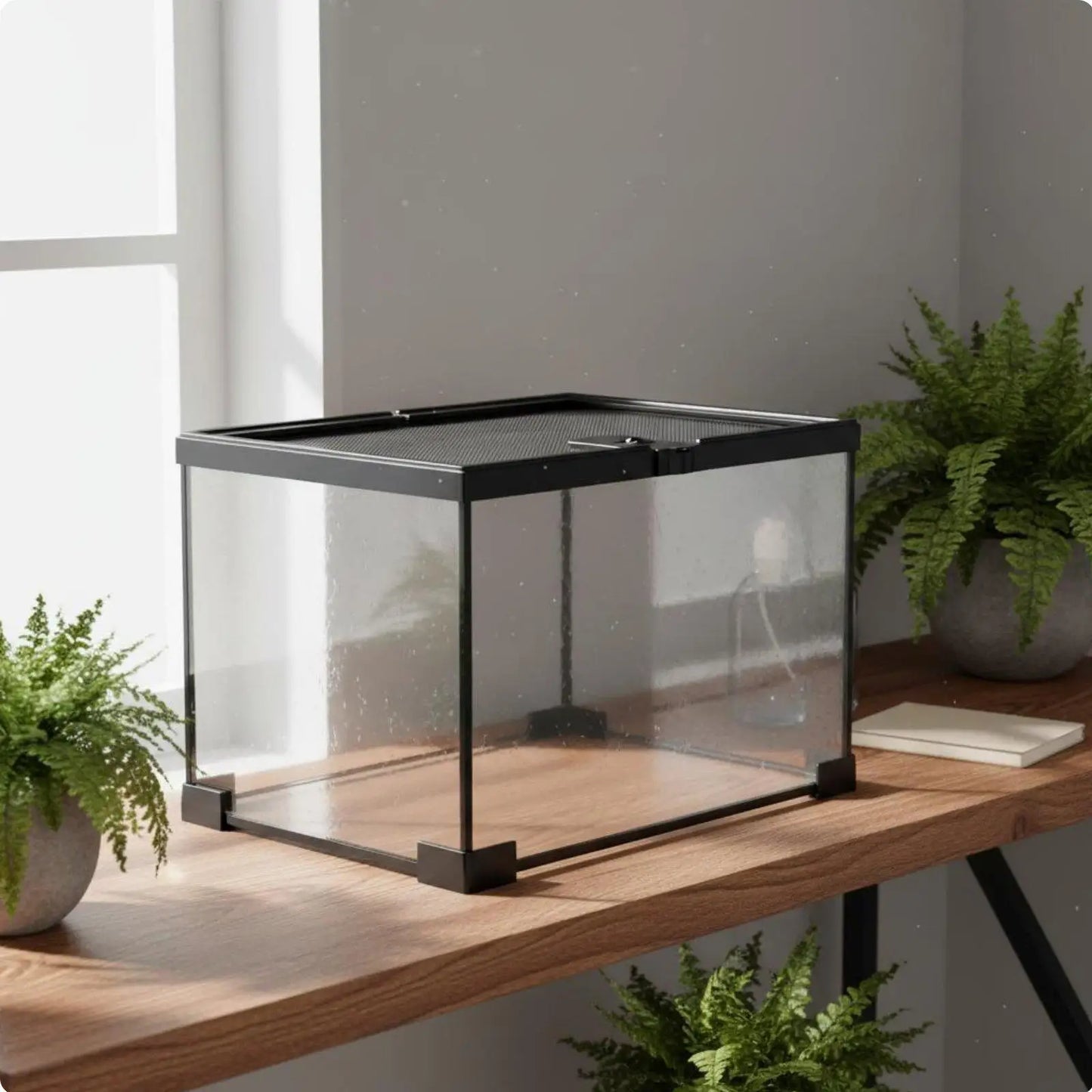 Stackable Reptile Terrarium Glass Cage Secure Mesh Lid with Heat Lamp Holder for Small Pets Display