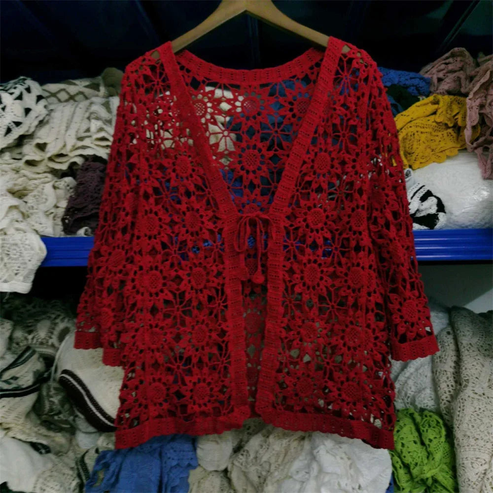 Elegant Summer Hollow Lace Cardigan Sweater Women Wide Loose Floral Knitted Sweater Thin Section Female Spring Autumn Cardigan