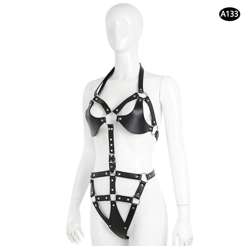 Bondage Harness Metal Leather Clothes Sexy Lingerie Bra Panty Adult Games Restraints Fetish Wear Erotic Costume BDSM Sex Toys