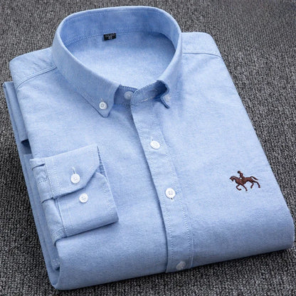 Casual cotton men's shirt slim fit horse logo bottom inch shirt Oxford spinning long sleeved striped shirt
