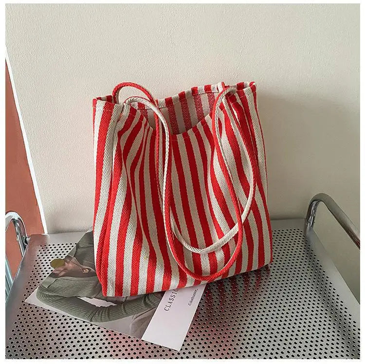Large Capacity Canvas Women Shopper Tote Simple Striped Shoulder Bag Female Casual Multifunctional Travel Top-handle Handbag