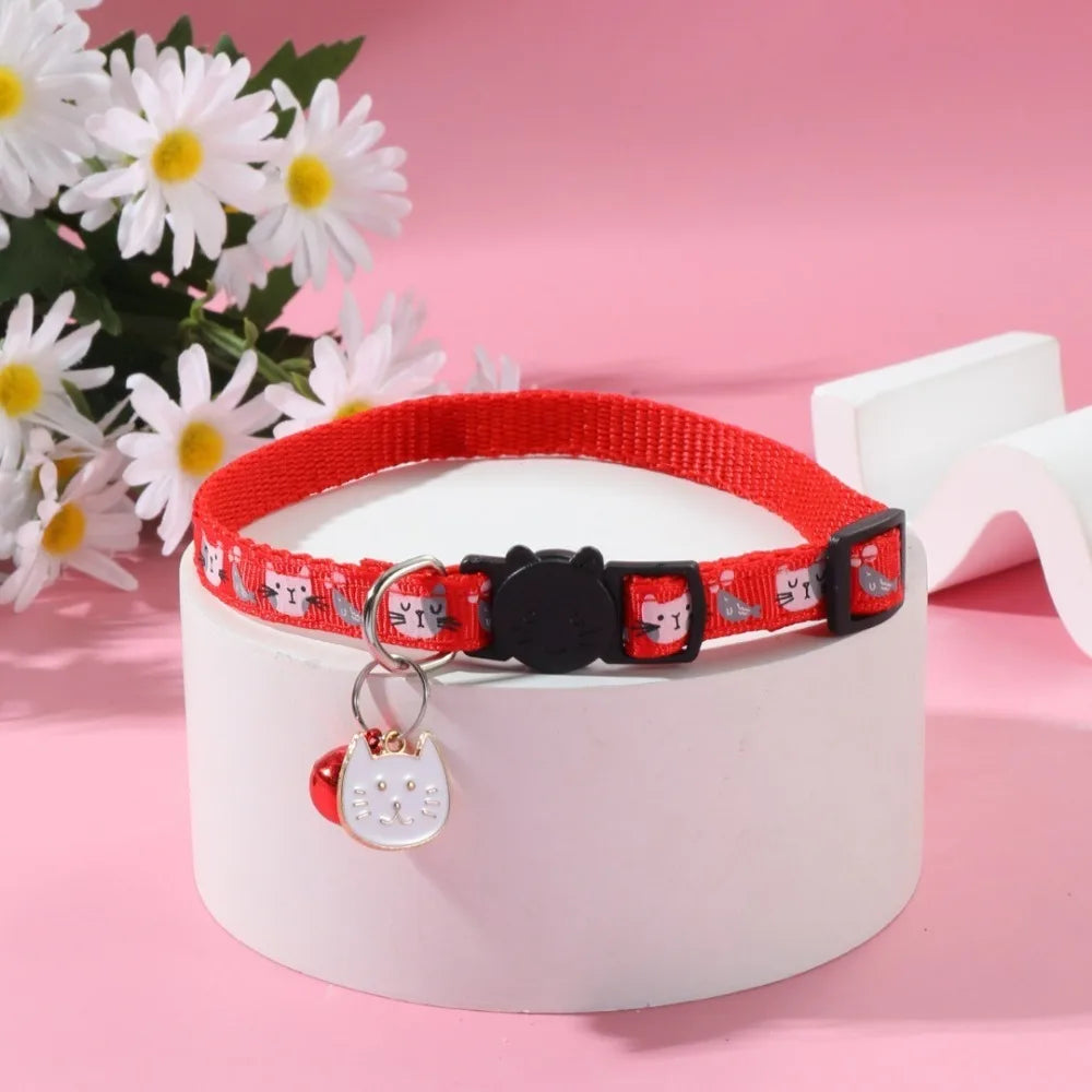 Adjustable Pet Cat Collar Quick Release Safety Buckle Anti-choking Puppy Collar with Cat Face Pendant Bell Cat Pattern