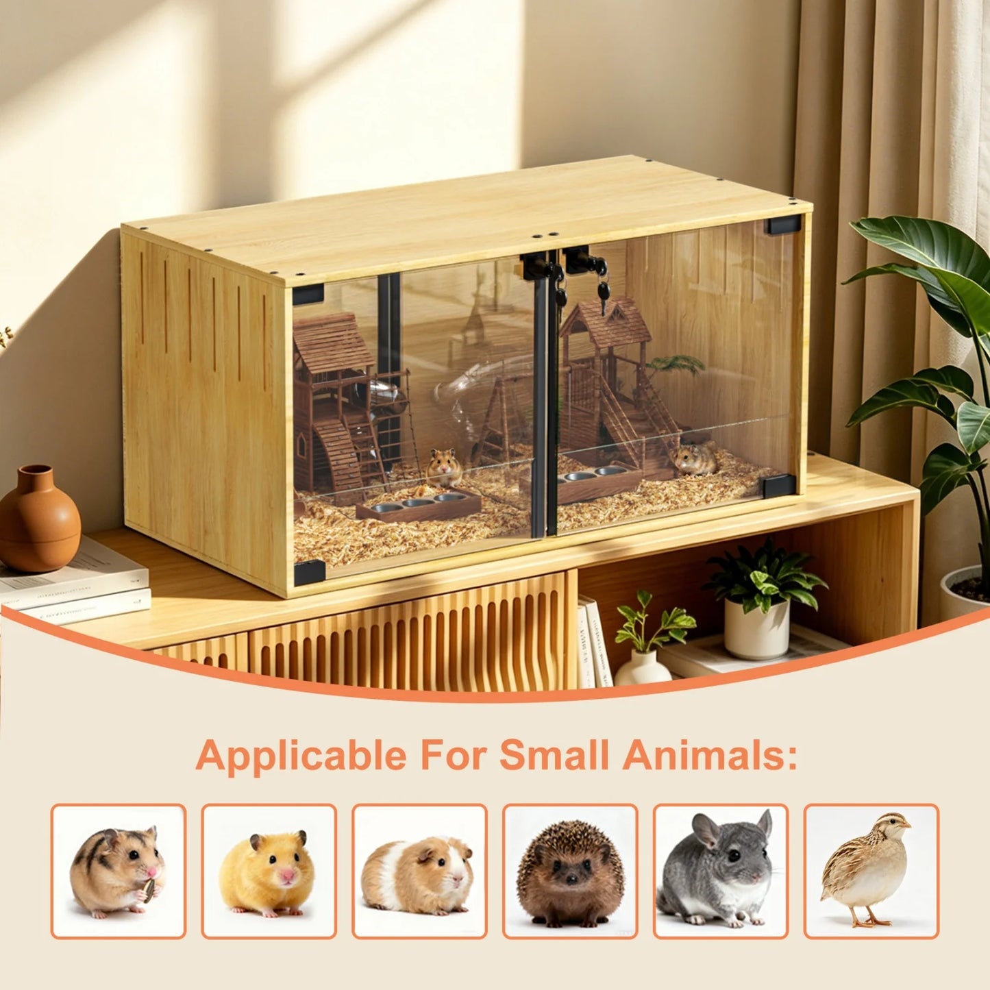 Wooden Hamster Guinea Pigs Cage Mice and Rat Habitat with Removable Divider Tempered Glass Panels Chew-proof Small Animals Cage for Small Pets