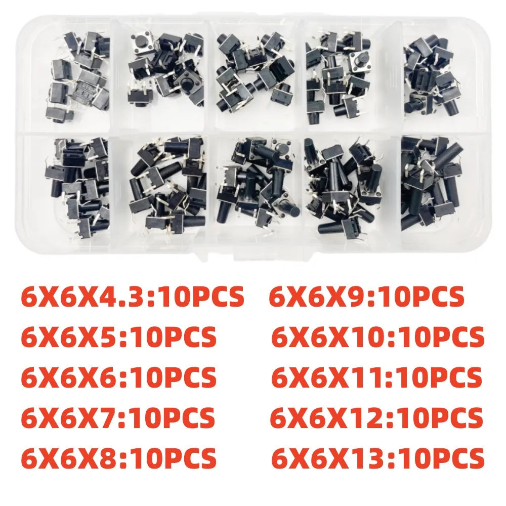 10 Models =100Pcs 6*6 Light Micro Touch Switch Set Push Button Switch Kit Height: 6*6*4.3MM~13MM  DIP SMD 2P/4P 6x6 Keys Tact