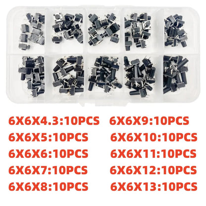 10 Models =100Pcs 6*6 Light Micro Touch Switch Set Push Button Switch Kit Height: 6*6*4.3MM~13MM  DIP SMD 2P/4P 6x6 Keys Tact