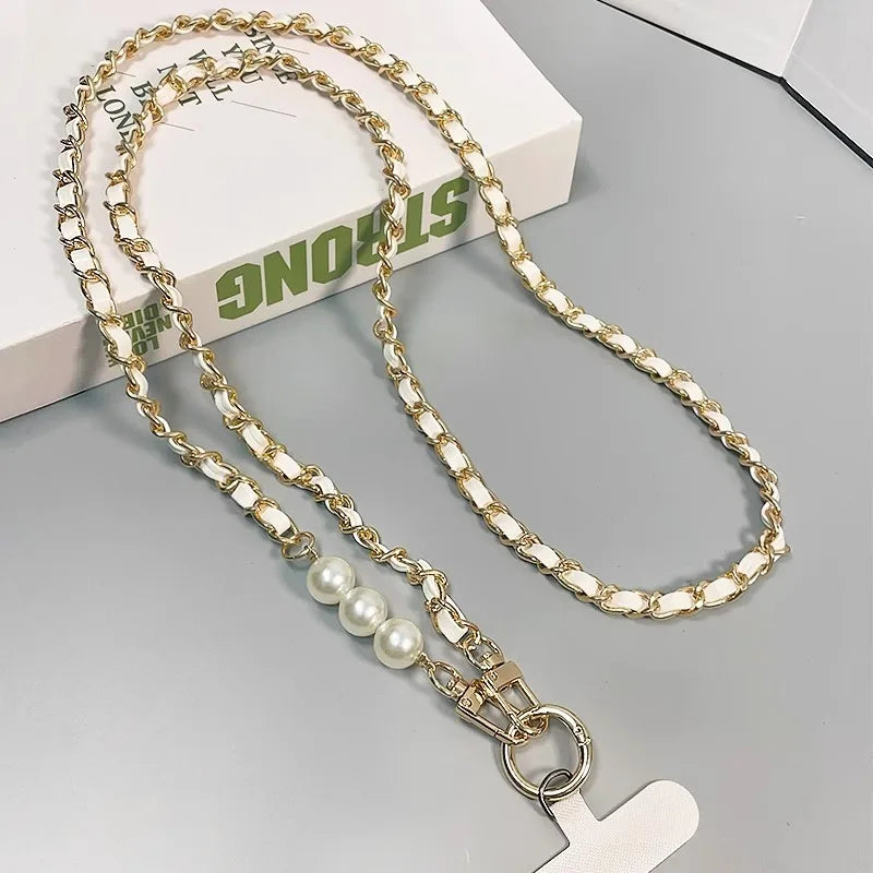 Pearl Leather Chain Mobile Phone Strap Long Crossbody Anti-Loss Shoulder Cord with Metal Pendant for Women