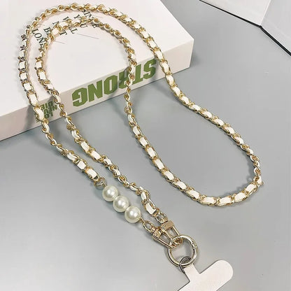 Pearl Leather Chain Mobile Phone Strap Long Crossbody Anti-Loss Shoulder Cord with Metal Pendant for Women