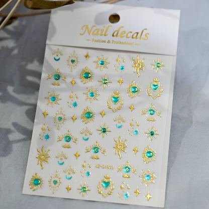 1pcs 3D Bronzing Gold Love Heart Nail Art Stickers Y2K Holographic Stars Sun Starlight DIY Nail Decals Heart Manicure Decoration