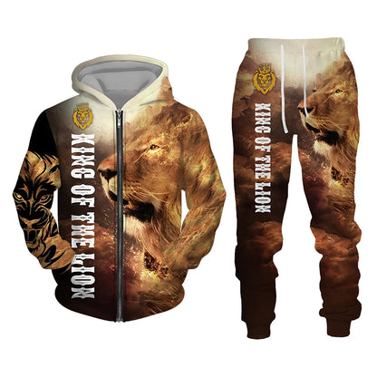 Spring and Autumn Men's Tracksuit 3D The Lion Print Zipper Hoodies Sweatshirts Pants Sets Casual Mens Clothing Women's Tracksuit