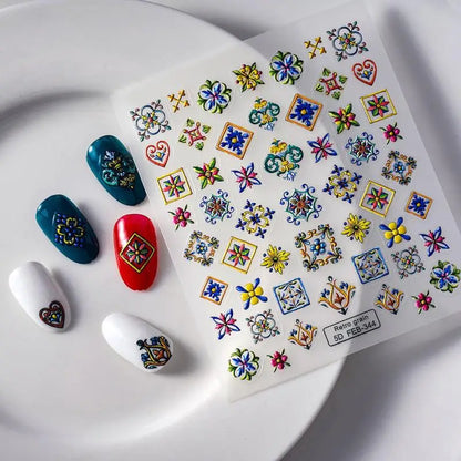 1PC Bohemia Nail Art Stickers 5D Bohemia Nail Sticker Decal Abstract Design Retro Blue Yellow Flower Self Adhesive Nail Supplies