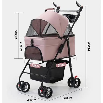 Pet Transport Stroller Dog Cat Portable Foldable Lightweight Detachable 4-Wheel Oxford Mesh Small Medium Push Cart