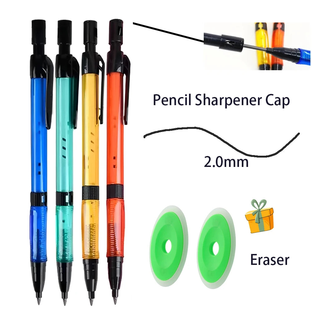 6Pcs/Set 2.0 Mm Automatic Pencil 4 Colors With Pencil Sharpener 2B Lead Writing Smooth Sketching Painting Writing Stationery