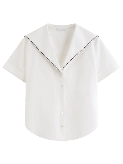 FSLE 2026 Summer Women's Sailor Collar Shell Embroidered Short Sleeve Shirt Preppy Button Down Blouse for Rebellious Prep Style