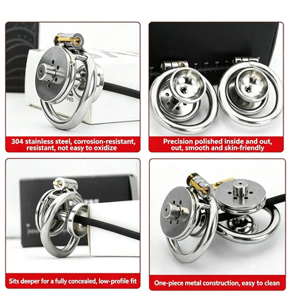 Urethral Inverted Negative Male Chastity Lock Flat Cock Cage with Metal Urethral Catheter for Couple Men Penis Ring Bondage BDSM