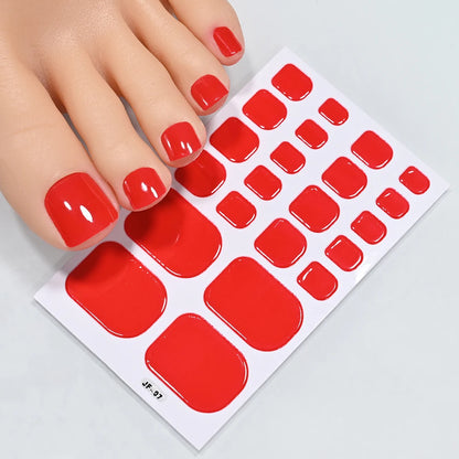 1Sheet=22Tips Glossy Red Toe Nail Stickers Full Cover Solid Color Press On Toenails Patch UV Baking Free Foot Gel Polish Wraps #