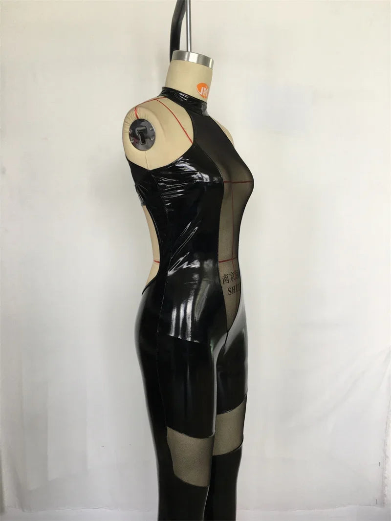 Women Centre Mesh Splice Backless Jumpsuit Glossy Patent Leather Temptation Uniform Tight Stretch Pencil Pants Nightclub Rompers
