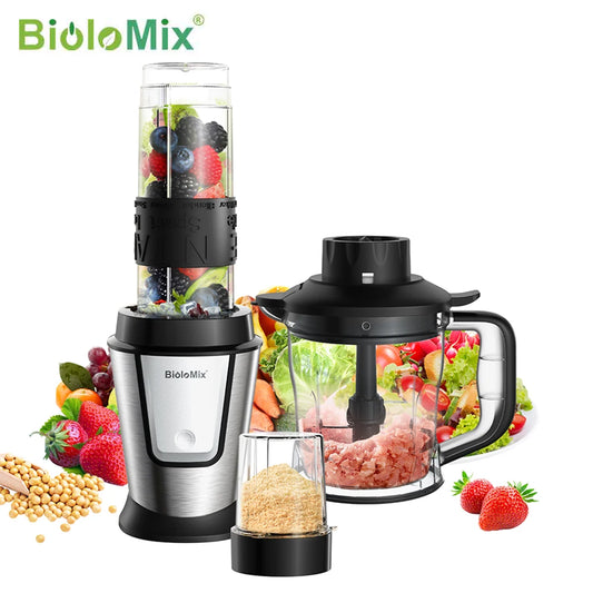 BioloMix 700W kompaktiškas virtuvinis trintuvas, 3 viename sulčiaspaudė, maisto smulkintuvas ir sausas malūnėlis, puikiai tinkantis šviežioms sultims, padažams gaminti
