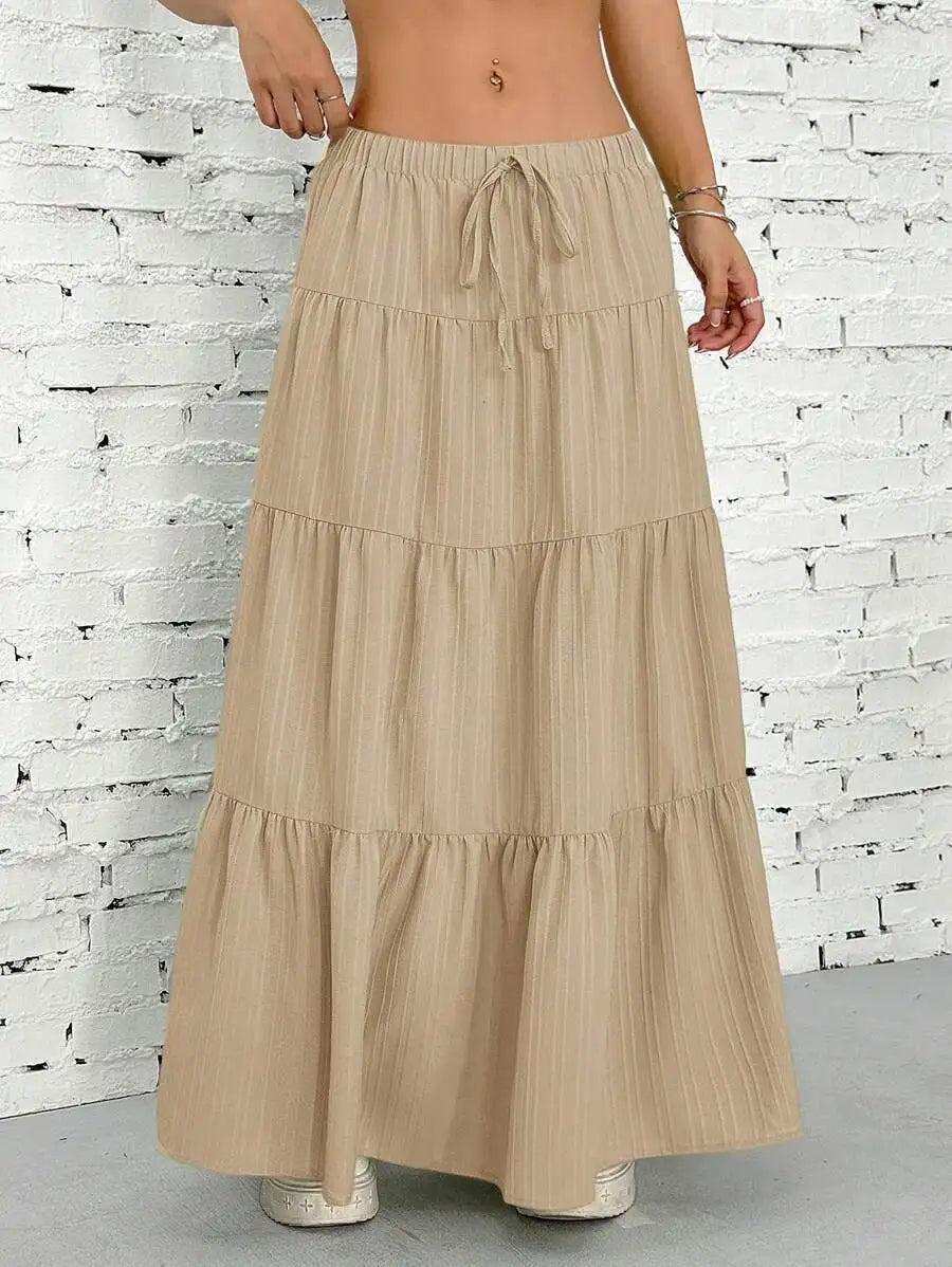 European and American Cross-Border New Style Wish Spring and Summer Women's Skirts, Tie-Strap Spliced Flared Skirts, Loose Long