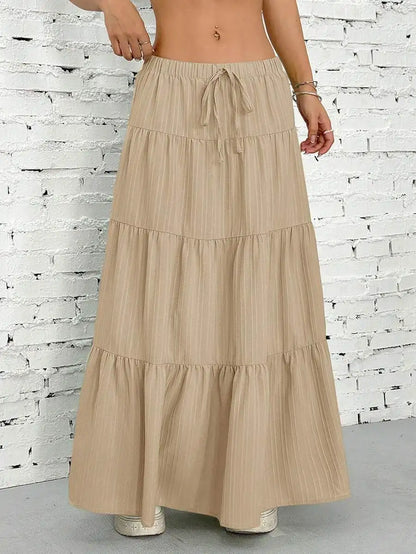 European and American Cross-Border New Style Wish Spring and Summer Women's Skirts, Tie-Strap Spliced Flared Skirts, Loose Long