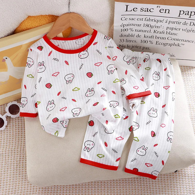 1Set Summer Pour Cotton Boy Girl Outfit Baby Infant T-shirt+Pant Set Kid Cartoon Clothe Set Children Solid Air Conditioning Suit
