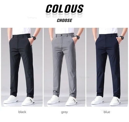 Ultra-thin Elastic Men's Casual Trousers Summer Quick-drying Ice Silk Slim Straight Business Solid Color Y2K Trousers Black Gray