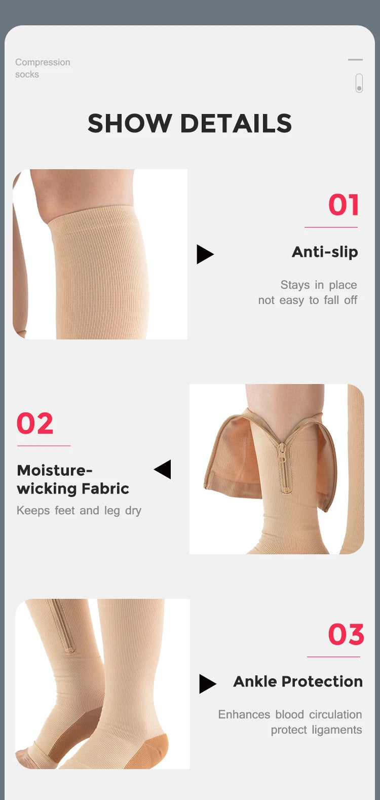 Compression Socks Men Women Support Knee Zipper Female Open Toe Thin Anti Fatigue Stretchy Sox High Socks Unisex