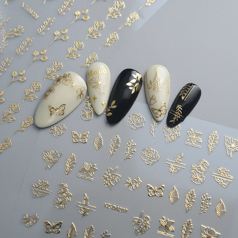 12Pcs 3D Gold Exquisite Flower Leaf Nail Art Stickers Metallic Floral Leaves Self-Adhesive Nail Decals DIY Retro Manicure Decor