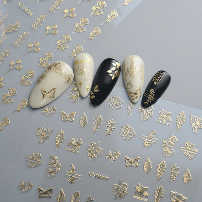12Pcs 3D Gold Exquisite Flower Leaf Nail Art Stickers Metallic Floral Leaves Self-Adhesive Nail Decals DIY Retro Manicure Decor
