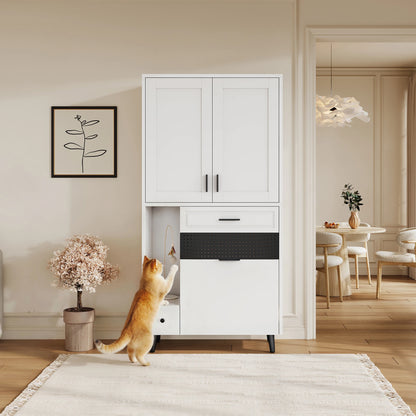 Multifunctional Cat Storage Cabinet with Stable Construction, Adjustable Shelves, Drawers, and Cat Bed Area – Cozy Activity Space for Cats, Pet Furniture with Arch Openings