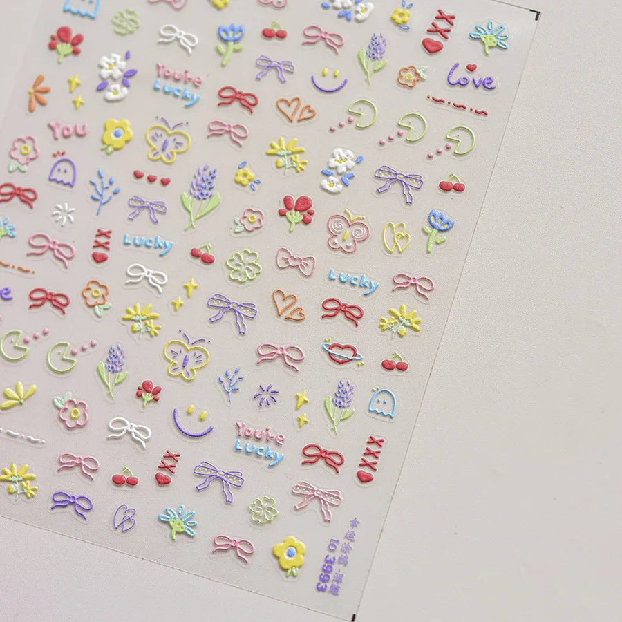 Collage Text English Letter Musical Note Star Graffiti Colorful 5D Love Heart Bowknot Nail Art Sticker Adhesive Manicure Decals
