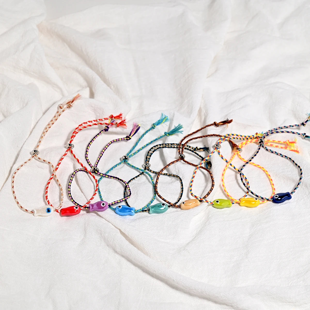 Set of 10Pcs Ceramic Fish Bracelet for Women Handmade Woven Colored Rope Boho Wrap Charm Bracelet Friendship Popular Jewelry