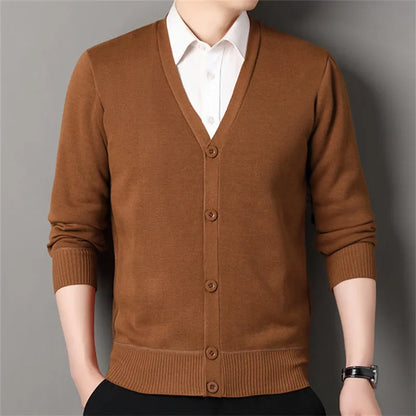 Autumn Winter Men's Casual Knit Cardigan Solid Color Slim Fit Fashion V-Neck Knitted Sweatercoat Men Fleece Warm Sweater Jackets