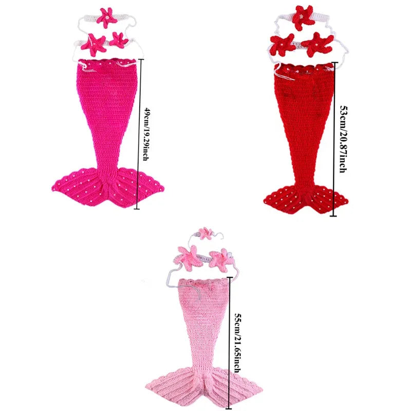 3Pcs Newborn Photography Props Baby Girl Crochet Mermaid Tail Outfit Handmade Photo Shoot Costume Bebe Headband Clothes Set