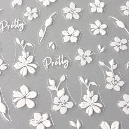 2pcs White Flower 3D Nail Art Stickers Sakura Blooming Florals Leaf Self-Adhesive Nail Decorations Sliders for DIY Manicure