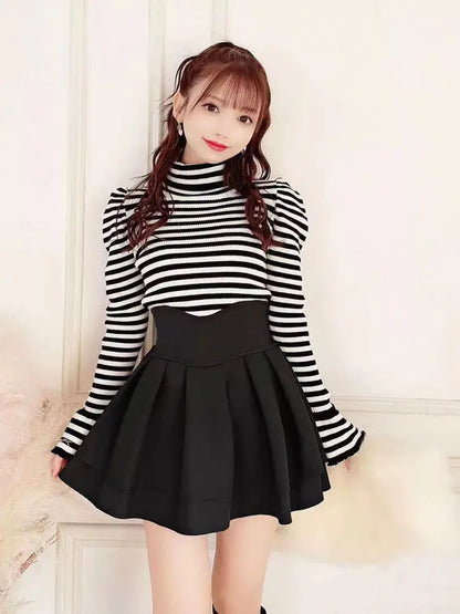 Japanese Style Lolita Black Skirts Women Spring Autumn New Elastic Waistline Slim Short Pleated Female Mini Culottes Cute Girl