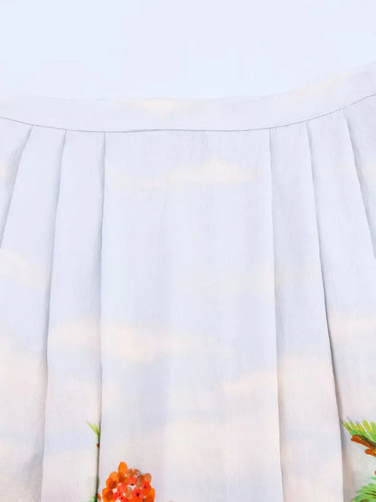 TFAFXY 2025 Summer Printed Pleated Long Skirts For Women Ruffled Elegant Women's Skirts High Waist Casual Loose Midi Skirt