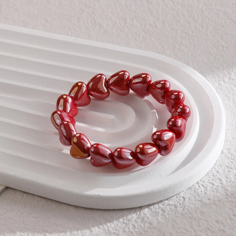 Sweet Fashion Dopamine Colorful Glossy Resin Heart Handmade Bead Elastic Bracelets for Women Summer Beach Stackable Jewelry Gift