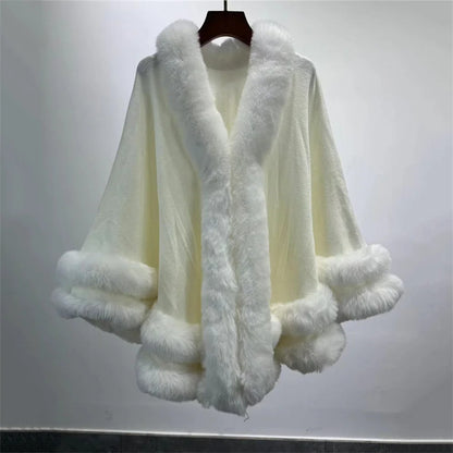2024 Women 2 Circle Wraps Long Faux Rabbit Fur Cape Poncho Winter Loose Thick Warm Shawl Outerwear Knitted Cloak Overcoat