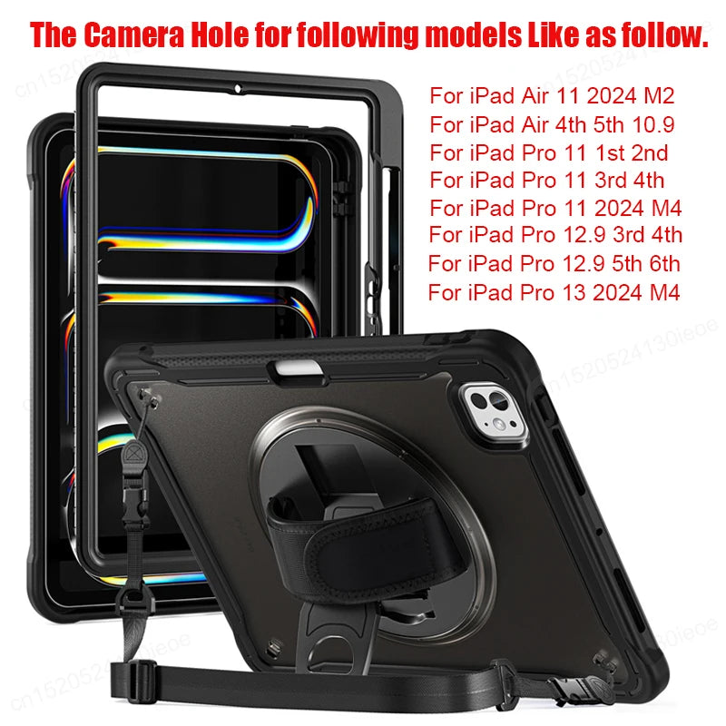 For iPad Pro 11 12.9 13 inch 2024 Case Shockproof Cover iPad Air 11 4th 5th 10 10th 10.9 10.2 9/8/7th 11th Generation Case+Strap