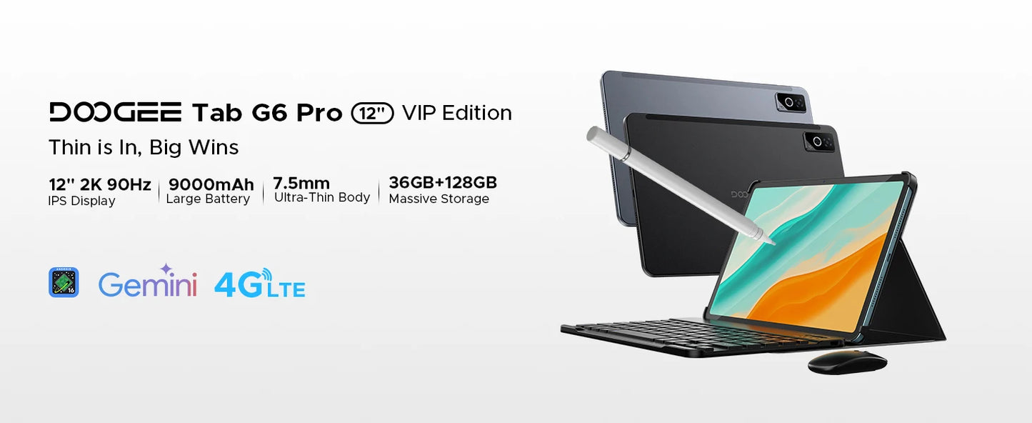 DOOGEE Tab G6 Pro Tablet PC Android 16 Gemini AI 12'' 2K Display 9000mAh Battery 8GB  RAM 128GB ROM Ultra-thin Body Smart Pad