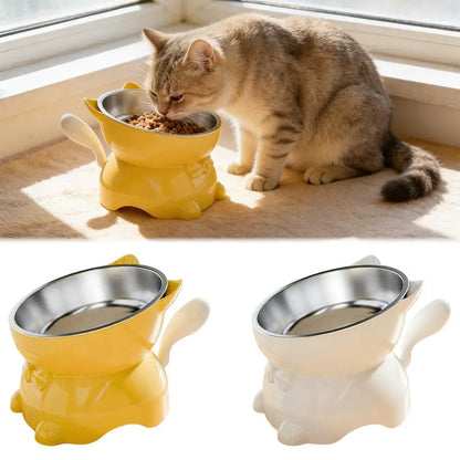 Elevated Stainless Steel Cat Bowl, Inclined Food & Water Dish with Cute Ear Stand, Neck Protection Design for Cats