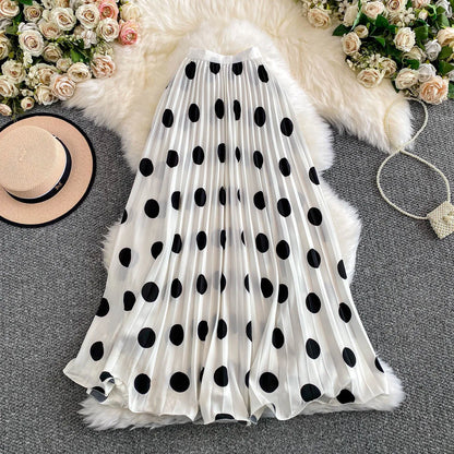 2026 Pleated Skirt Elastic Waist Polka Dot Fashion Printed Slim Pleated Skirt Women's Summer New Beach Vacation Mid-length Skirt