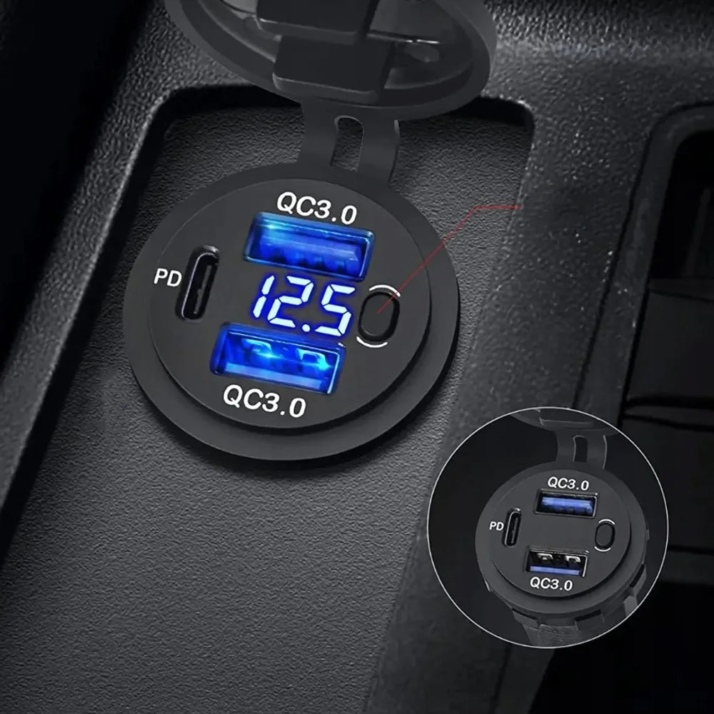3 Ports Quick Charge Dual PD & QC 3.0 112W Aperture Car Charger Outlet Socket For 12V 24V Motorcycle Boat Marine Truck ATV