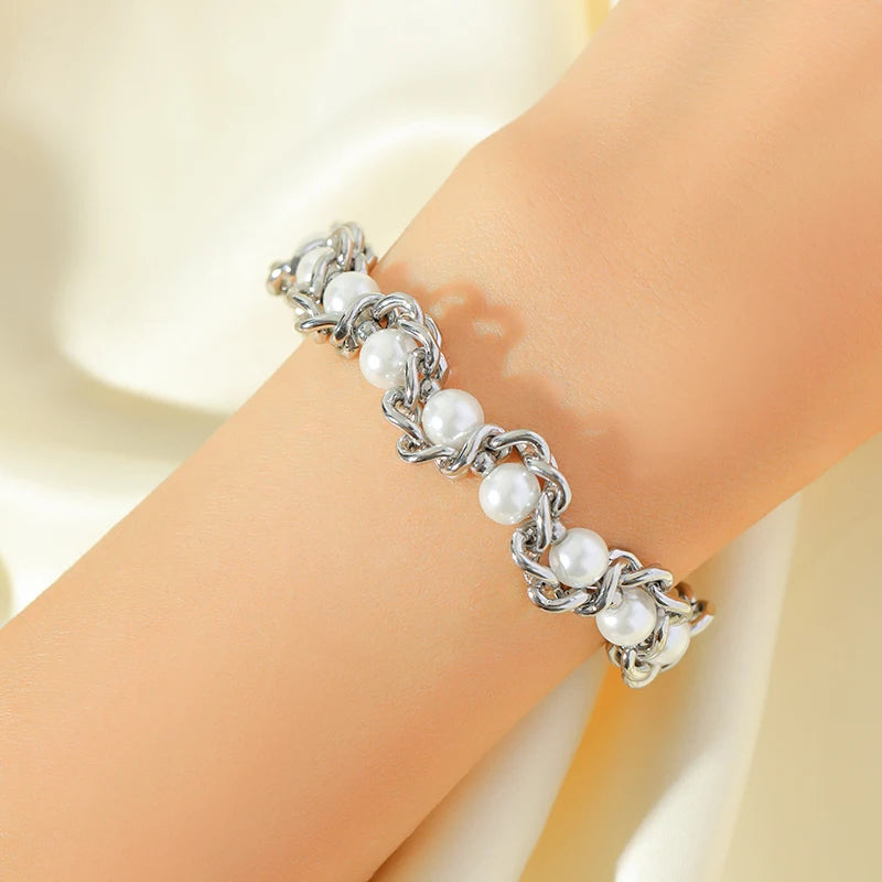 GANPUP 316L Stainless Steel Metal Beads Charms Bracelet Bangle for Women Texture Trendy Wrist Chain Jewelry Gift Bijoux Femme