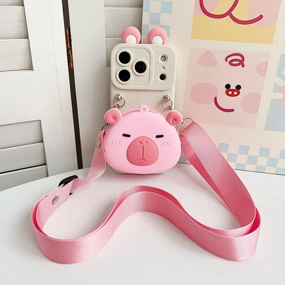For iPhone 17 16 15 14 13 12 11 XR Xs 6 6s 7 8 SE Pro Max mini Plus e Capybara head Wallet Case With Accessories
