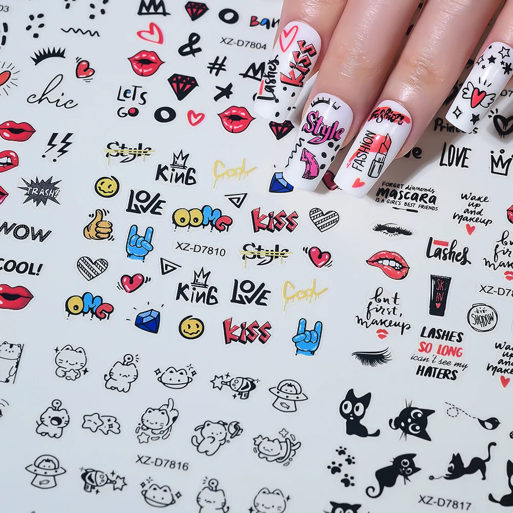 30pcs/set 3D Cartoon Cat Nail Art Stickers Black Graffiti Animal Bow Star Heart Nail Decals Kawaii Self-adhesive Manicure Slider