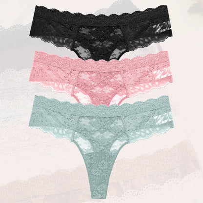 3Pcs Lace Sexy Thongs Women Low-Rise Briefs Sexy Soft Ladies Underwear Trendy Floral Underpants Female Flowery Panty Lingerie