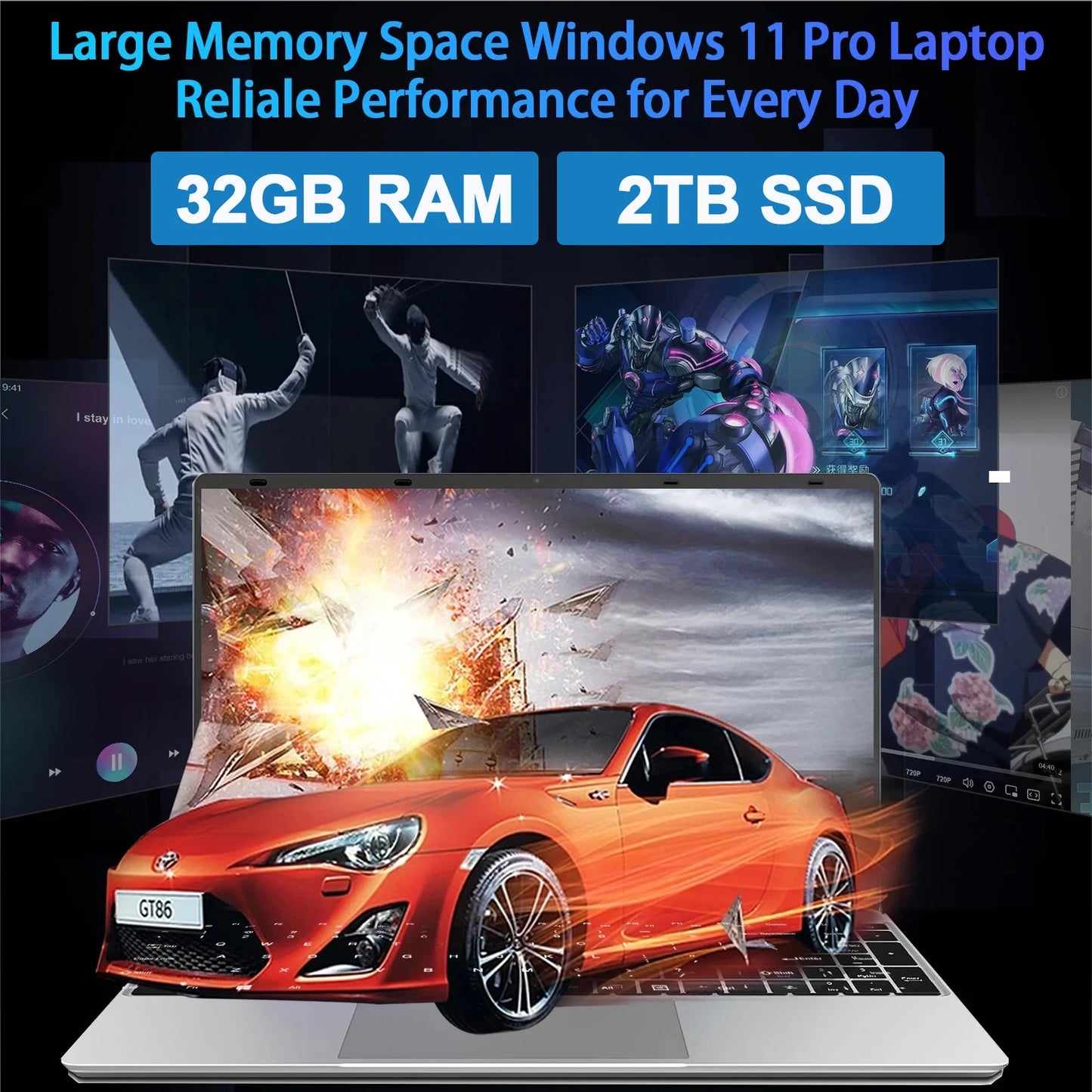 LENO 15.6" Laptop Large-screen 32GB RAM 2TB SSD Intel 6500Y Office Windows11 Notebook 5000mAh Gamer PC with Backlit Fingerprint